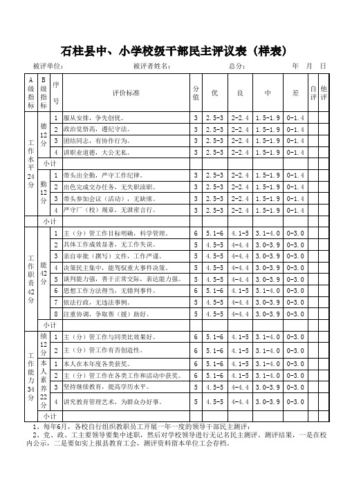 校级干部民主评议表(样表)