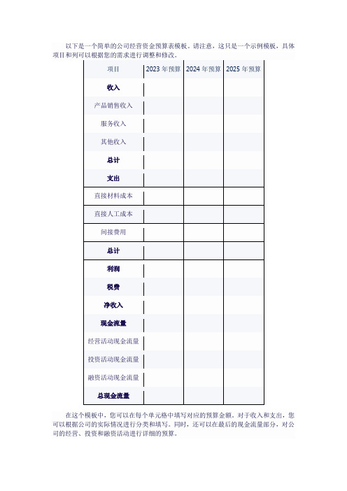 公司经营资金预算表模板