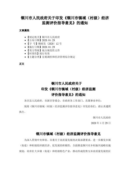 铜川市人民政府关于印发《铜川市镇域（村级）经济监测评价指导意见》的通知