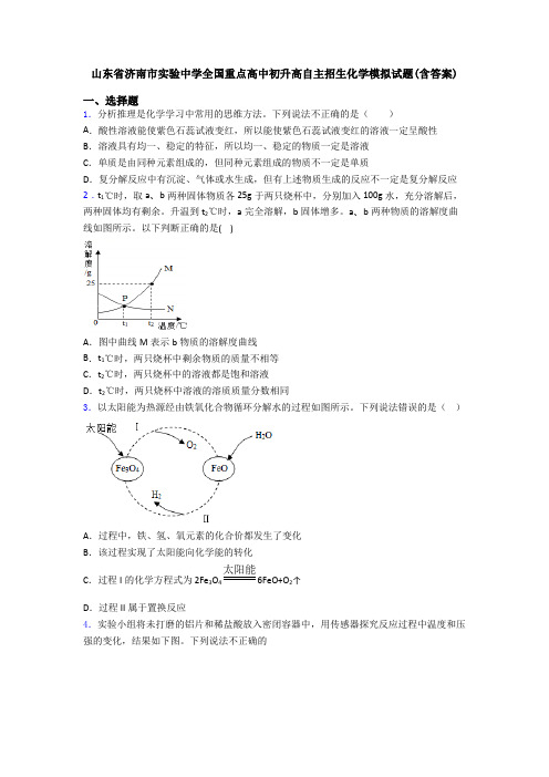 山东省济南市实验中学全国重点高中初升高自主招生化学模拟试题(含答案)