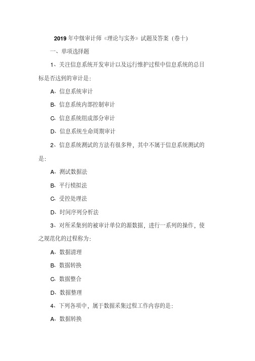 2019年中级审计师《理论与实务》试题及答案(卷十)