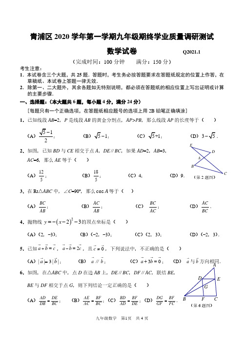 【2021年上海市初中一模数学卷】2021年上海市青浦区初中毕业生学业模拟考试试卷九年级数学及答案