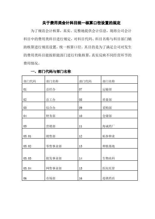 关于费用类会计科目统一核算口径设置的规定