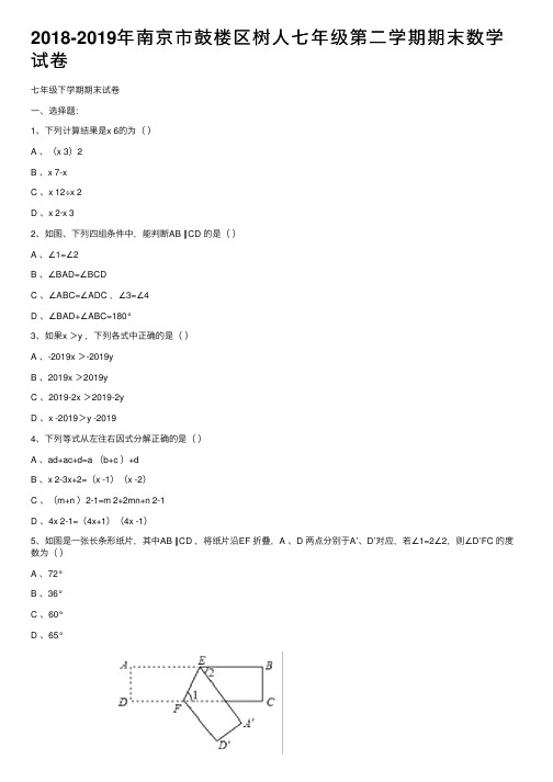 2018-2019年南京市鼓楼区树人七年级第二学期期末数学试卷