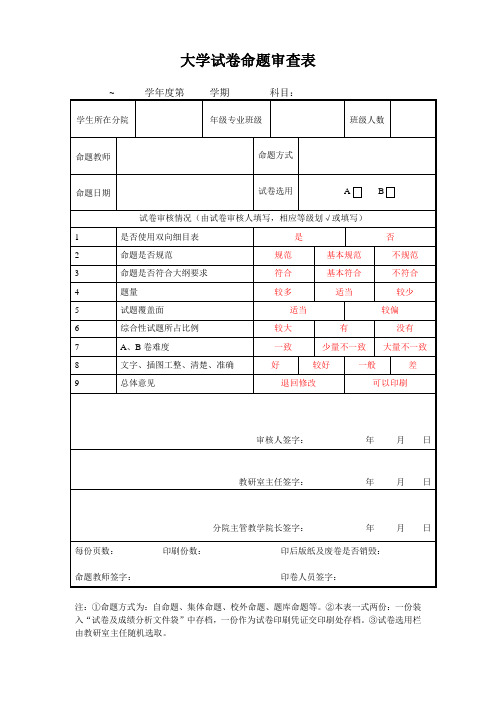 大学试卷命题审查表