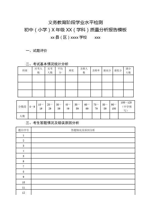 义务教育阶段学业水平检测质量分析报告模版