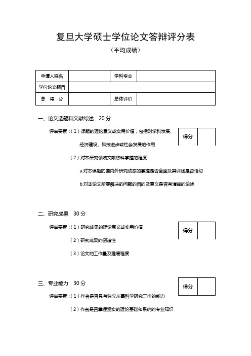 复旦大学硕士学位论文答辩评分表