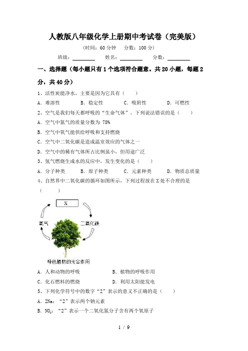 人教版八年级化学上册期中考试卷(完美版)