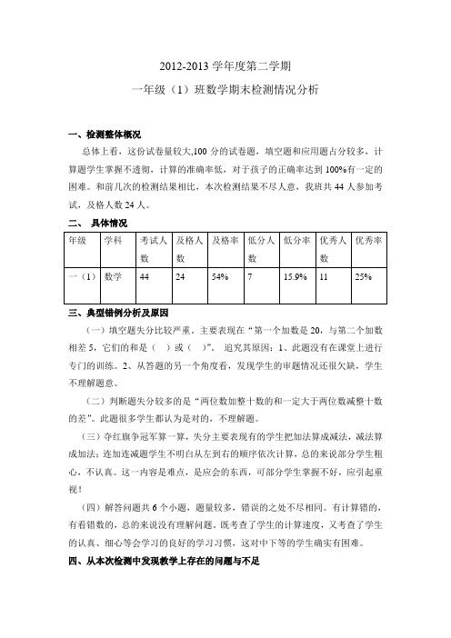 一年级(1)班数学期末检测情况分析