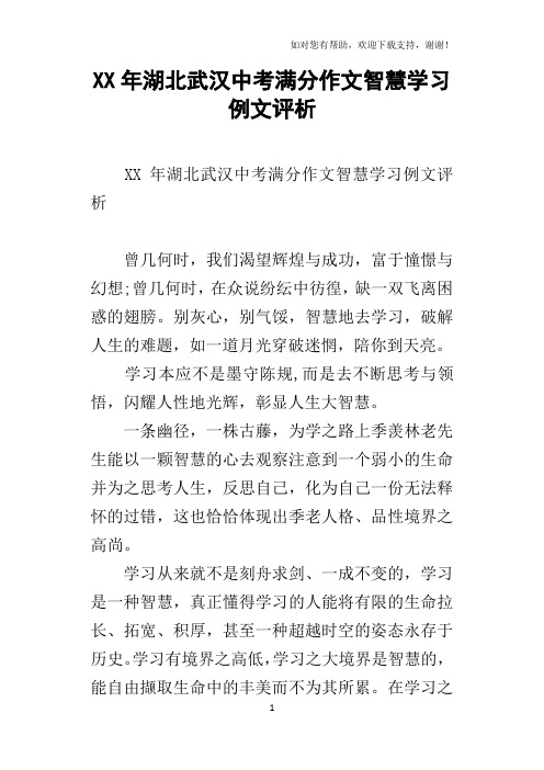 XX年湖北武汉中考满分作文智慧学习例文评析