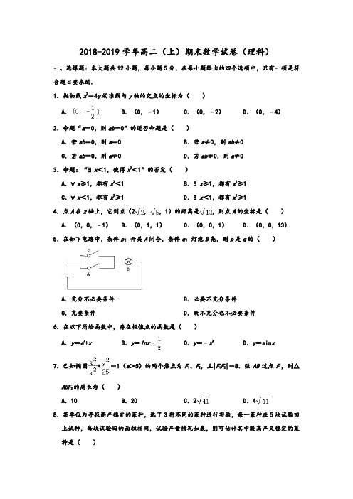 2018-2019学年吉林省长春实验中学高二(上)期末数学试卷(理科)Word解析版