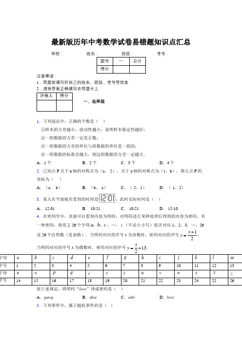 2019最新版历年中考数学试卷易错题知识点汇总760350