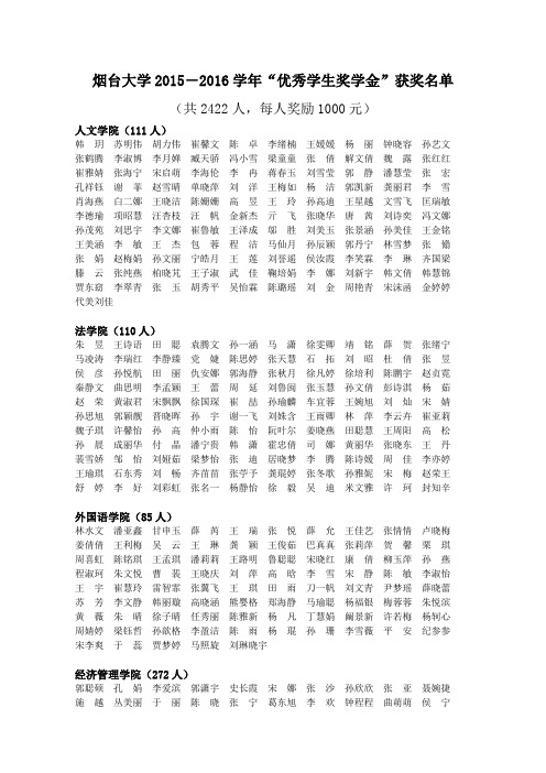 烟台大学2015-2016学年优秀学生奖学金获奖名单