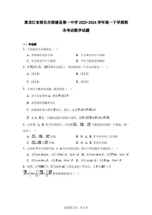 黑龙江省绥化市绥棱县第一中学2023-2024学年高一下学期期末考试数学试题