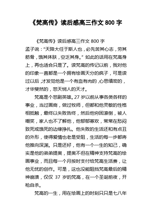 梵高传读后感高三作文800字