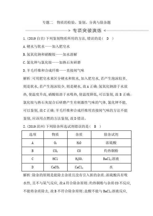 2020化学中考必备专题二 物质的检验、鉴别、分离与除杂题