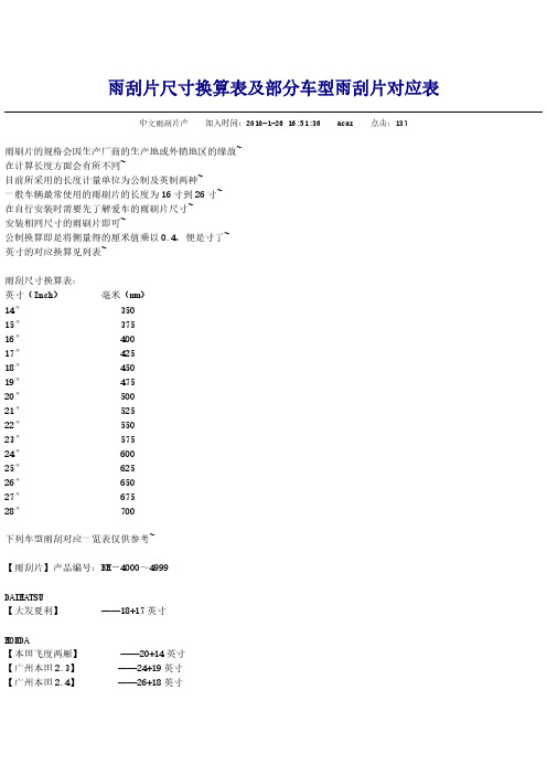 雨刮片尺寸换算表及部分车型雨刮片对应表-推荐下载