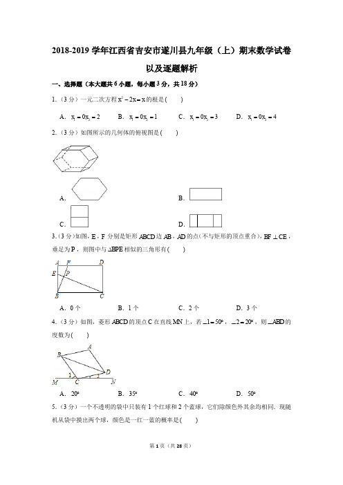 2018-2019学年江西省吉安市遂川县九年级(上)期末数学试卷以及逐题解析版