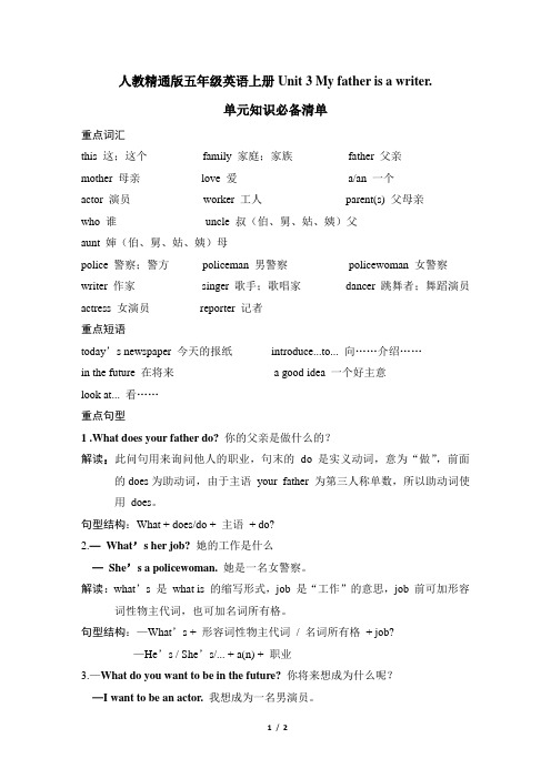 人教精通版五年级英语上册Unit 3 单元知识必备清单