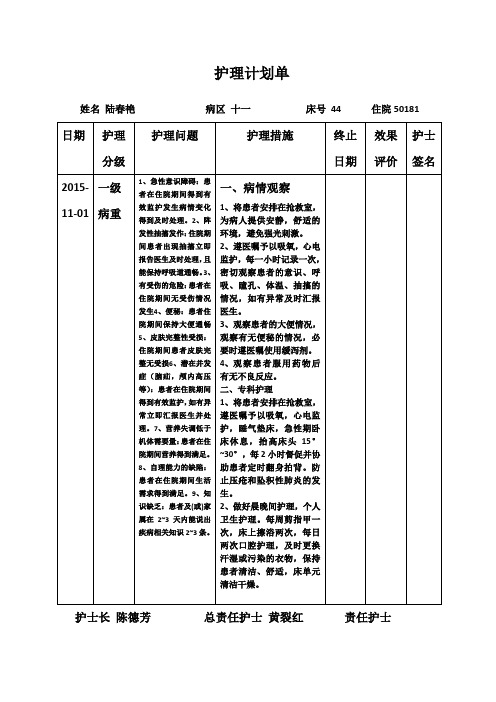 护理计划单