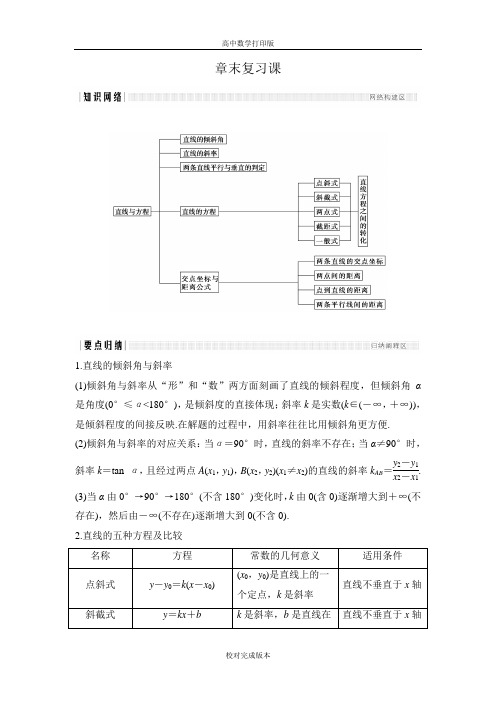 人教版数学高一必修2学案 第三章 直线与方程 章末复习课