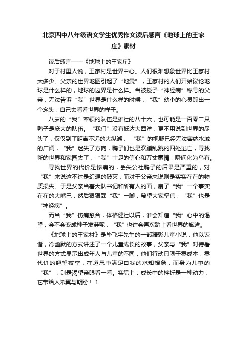 北京四中八年级语文学生优秀作文读后感言《地球上的王家庄》素材