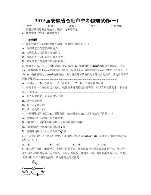 最新2019届安徽省合肥市中考物理试卷(一)及解析