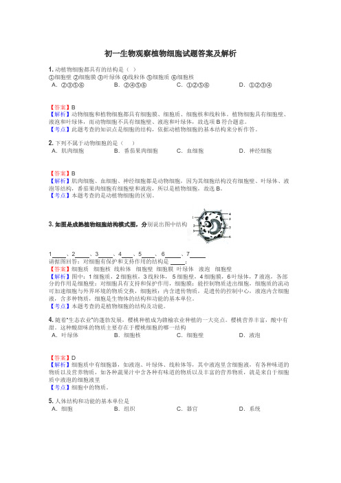 初一生物观察植物细胞试题答案及解析
