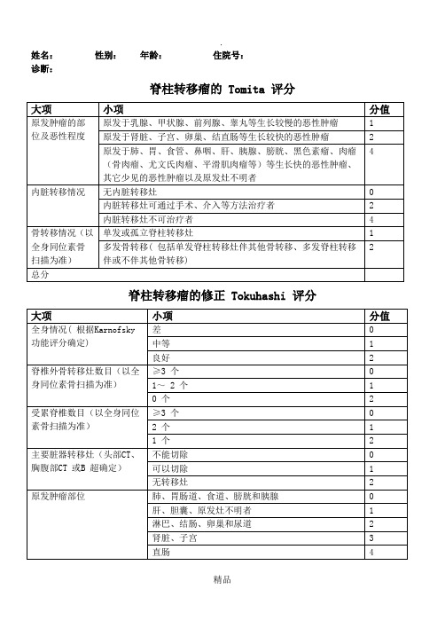 脊柱转移瘤Tomita评分及是否手术评估