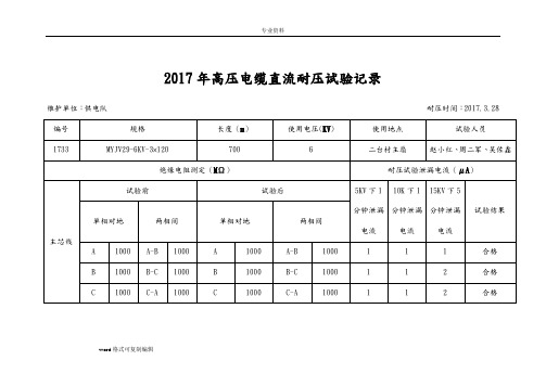 2017年高压电缆直流耐压试验记录