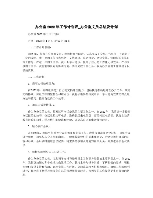 办公室2022年工作计划表_办公室文员总结及计划