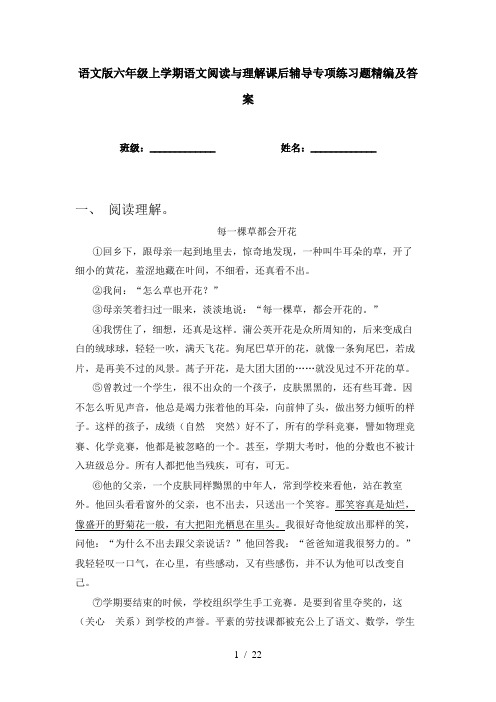 语文版六年级上学期语文阅读与理解课后辅导专项练习题精编及答案