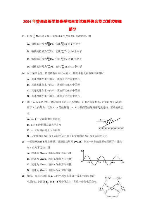 2004年普通高等学校春季招生考试理科综合能力测试物理部分