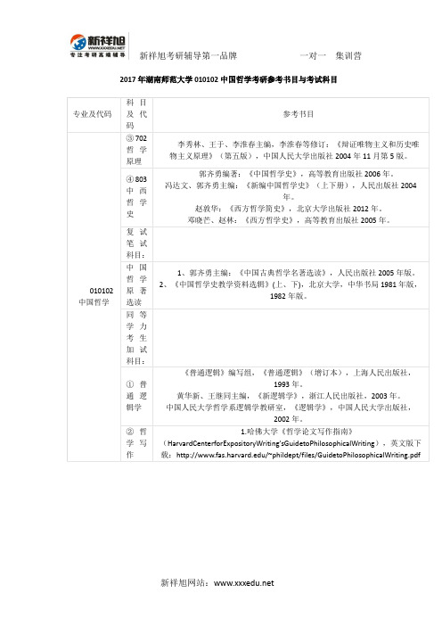 新祥旭权威发布：2017年湖南师范大学010102中国哲学考研参考书目与考试科目