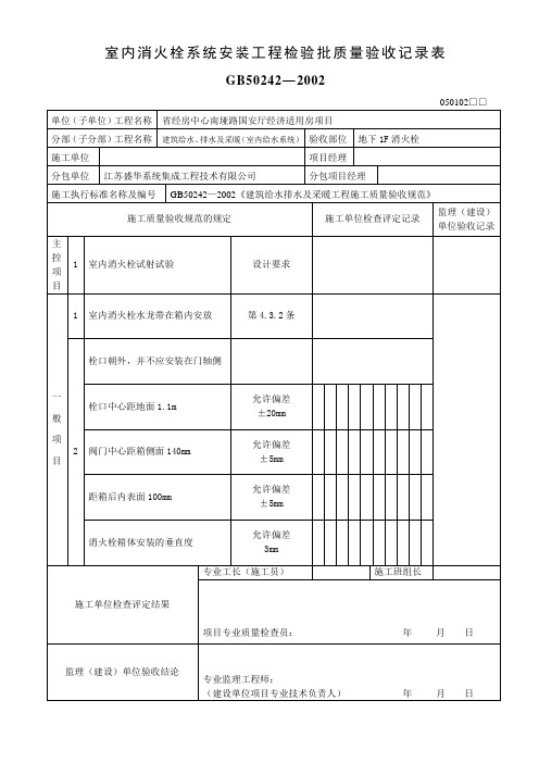 室内消火栓系统安装工程检验批质量验收记录表