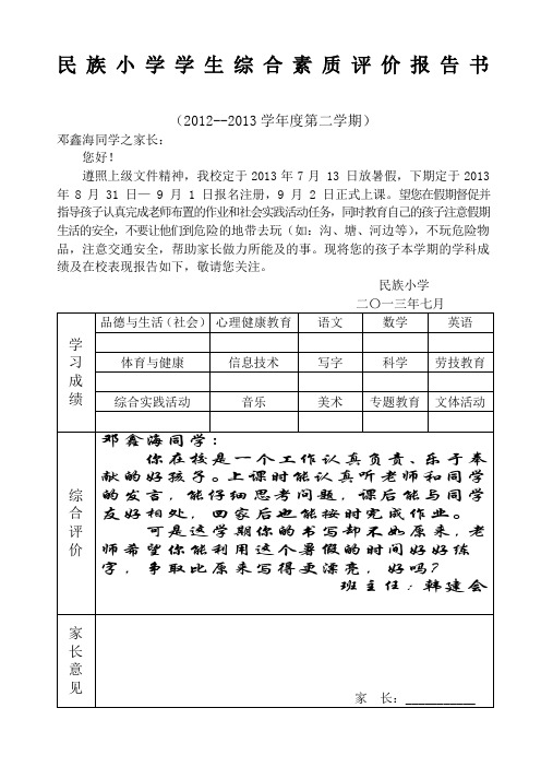 小学学生综合素质评价报告书份