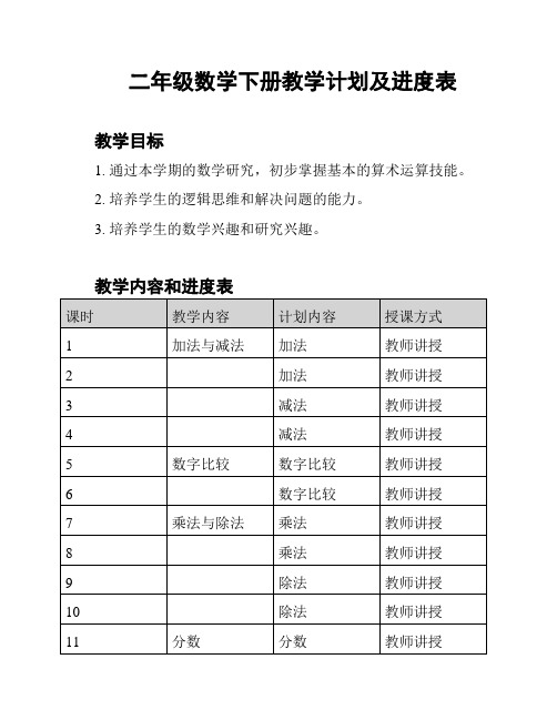 二年级数学下册教学计划及进度表