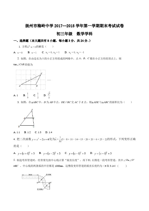 江苏省扬州市梅岭中学2018届九年级上学期期末考试数学试题(原卷版)