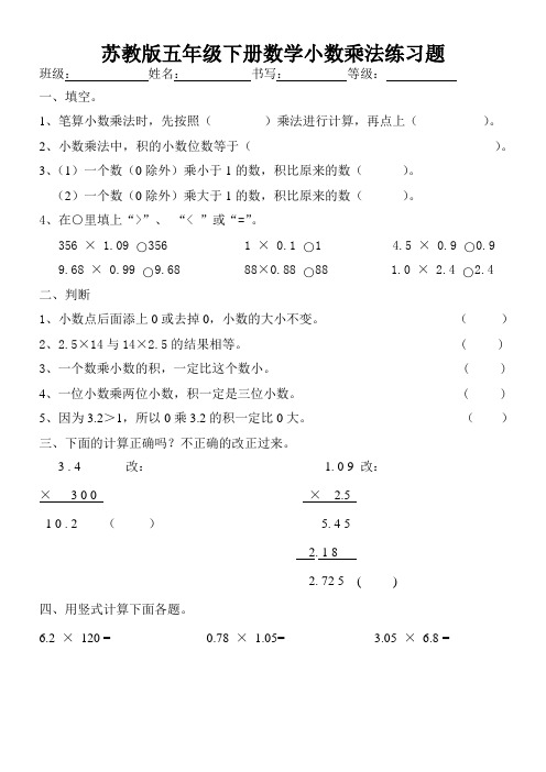 苏教版五年级下册数学小数乘法综合练习题