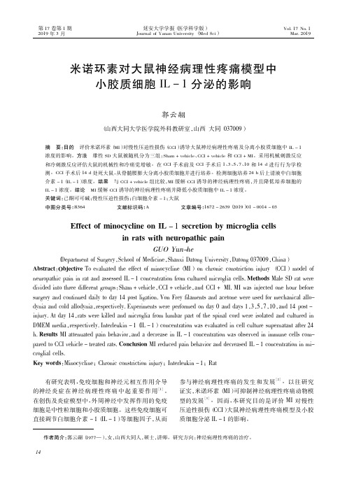 米诺环素对大鼠神经病理性疼痛模型中小胶质细胞IL1分泌的影响