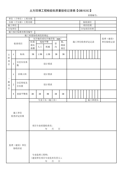 建筑地基基础工程施工质量验收常用表格【GB50202】：土方回填工程检验批质量验收记录表