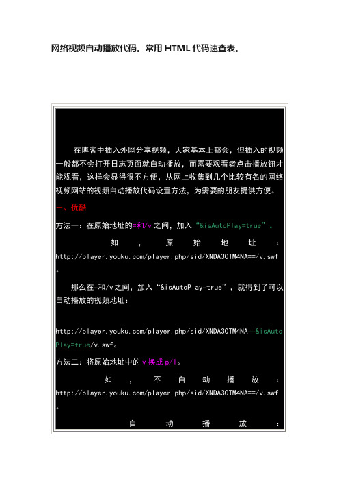 网络视频自动播放代码。常用HTML代码速查表。