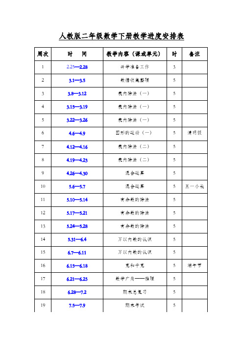 2021年春季人教版二年级数学下册全教案(含教学进度计划表)