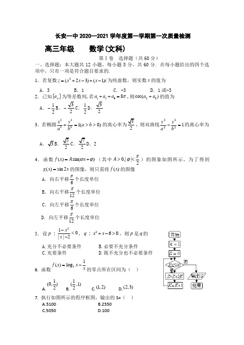 陕西省西安市长安区第一中学2021届高三第一学期第一次教学质量检测数学(文)试卷Word版含答案