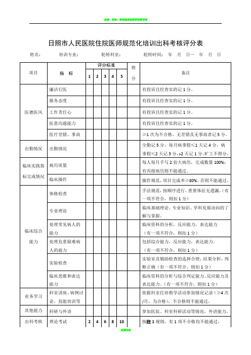 住院医师规培出科考核评分表