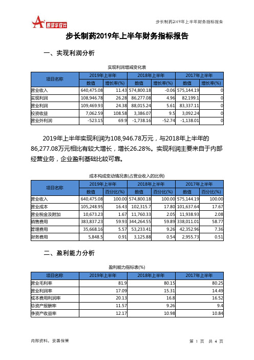 步长制药2019年上半年财务指标报告