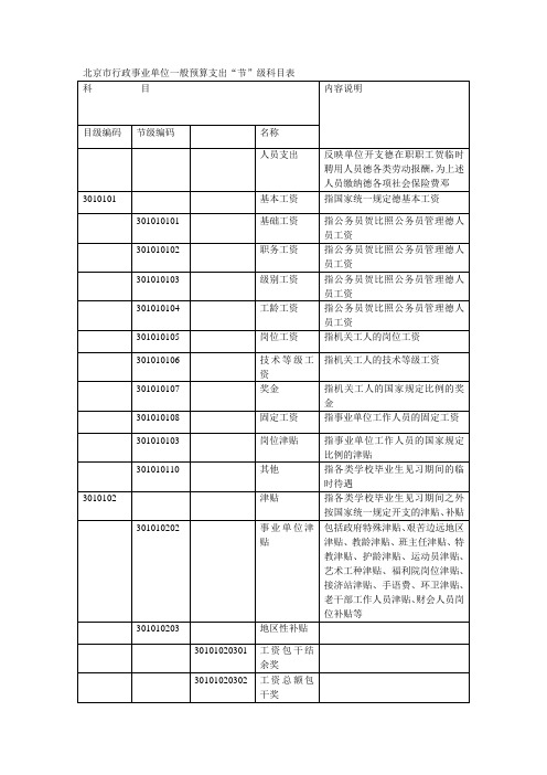 北京市行政事业单位一般预算支出节级科目表