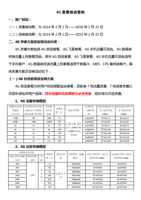 4G主资费及附加资费