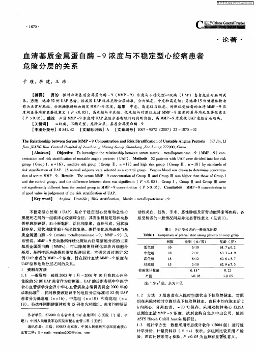 血清基质金属蛋白酶-9浓度与不稳定型心绞痛患者危险分层的关系