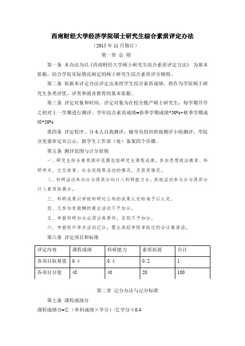 西南财经大学经济学院硕士研究生综合素质评定办法